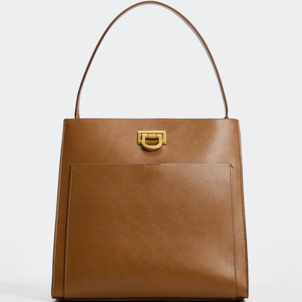 Mango Brown Shoulder Bag with Gold Clasp and Structured Design